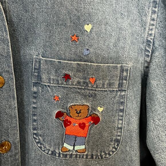Christopher & Banks Denim Shirt Embroidered Teddy Bears Blue Womens Size Medium - Picture 10 of 10